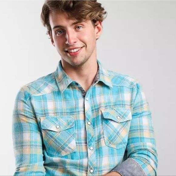 BKE Buckle Men's Athletic Fix Size m Western Plaid Pearl Snap Long - Picture 1 of 9